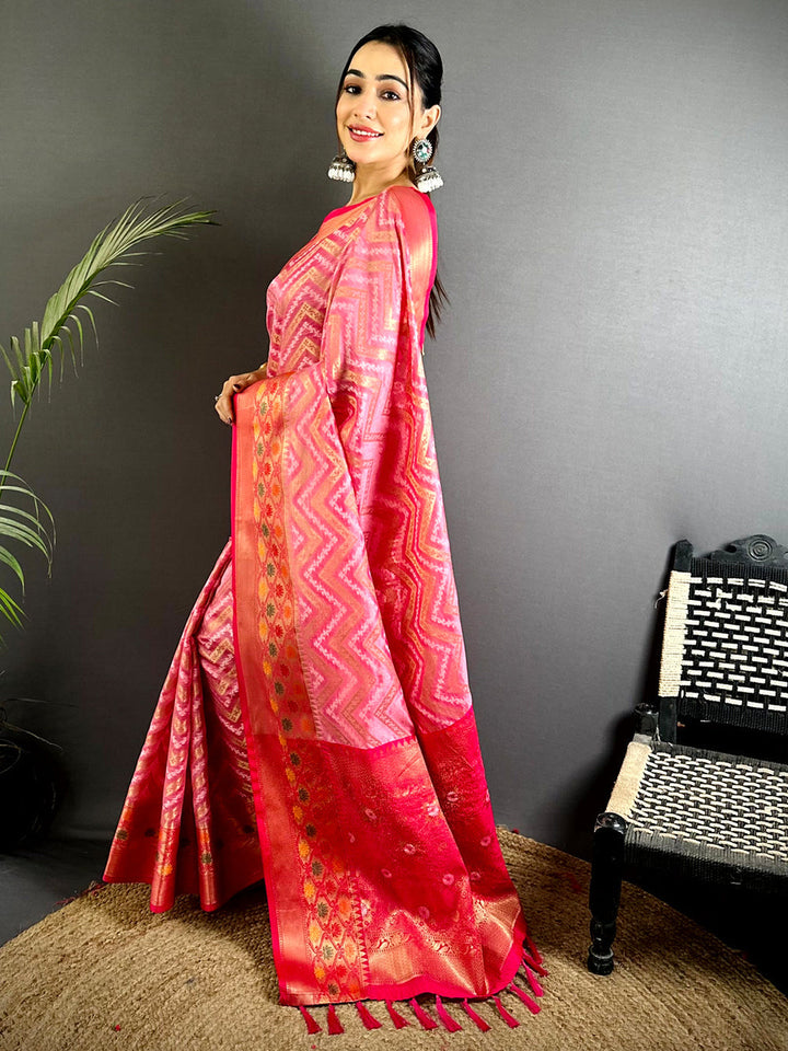 Pink Ikat Design Soft Silk Saree with Rich Red Zari Border