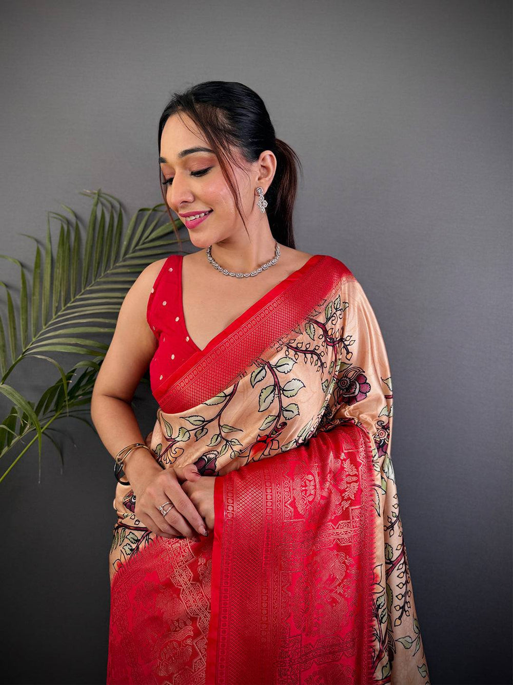 Teal Blue Soft Silk Saree with Floral Digital Print & Rich Zari Weaving