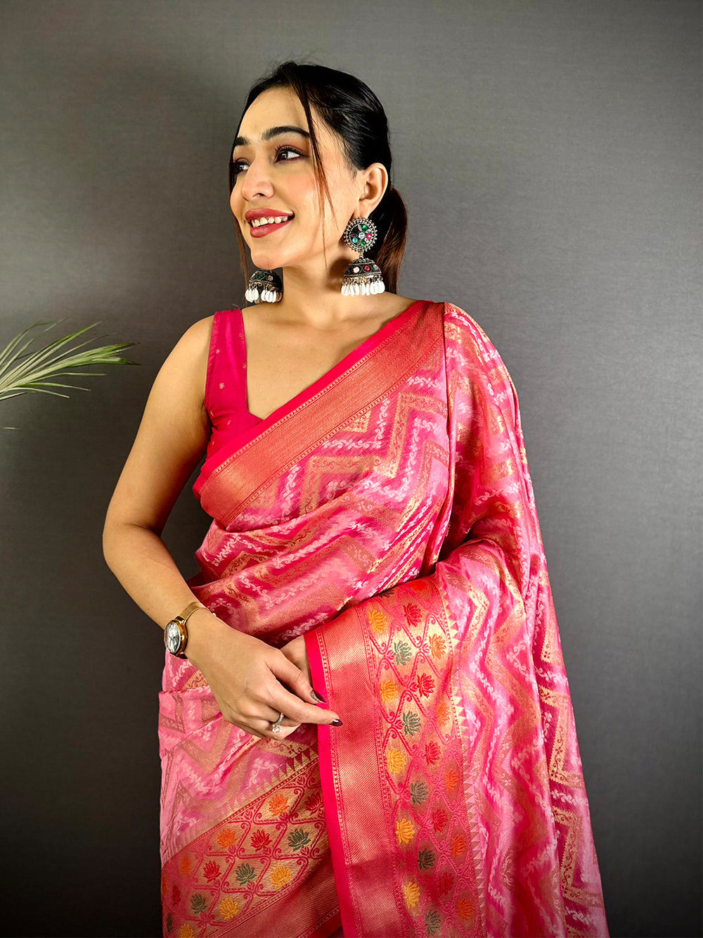 Pink Ikat Design Soft Silk Saree with Rich Red Zari Border