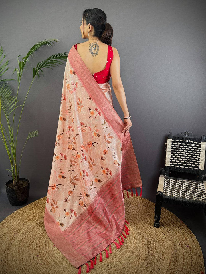 Peach Soft Silk Saree with Floral Digital Print & Rich Woven Zari Border