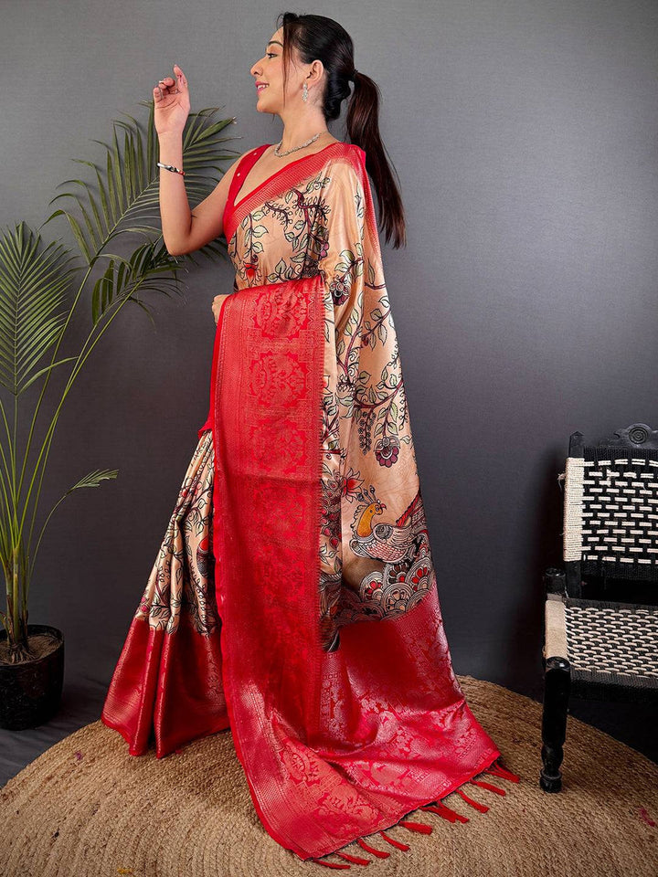 Teal Blue Soft Silk Saree with Floral Digital Print & Rich Zari Weaving