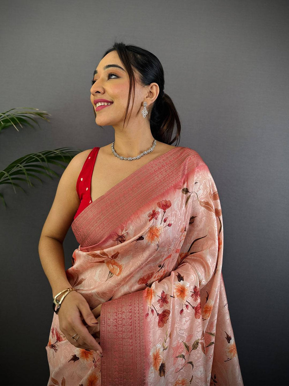 Peach Soft Silk Saree with Floral Digital Print & Rich Woven Zari Border