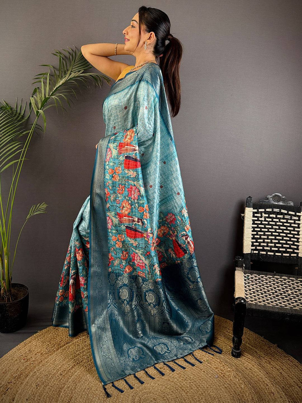 Teal Blue Soft Silk Saree with Floral Digital Print & Rich Zari Weaving