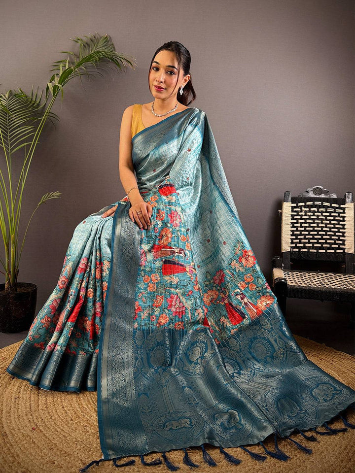 Teal Blue Soft Silk Saree with Floral Digital Print & Rich Zari Weaving