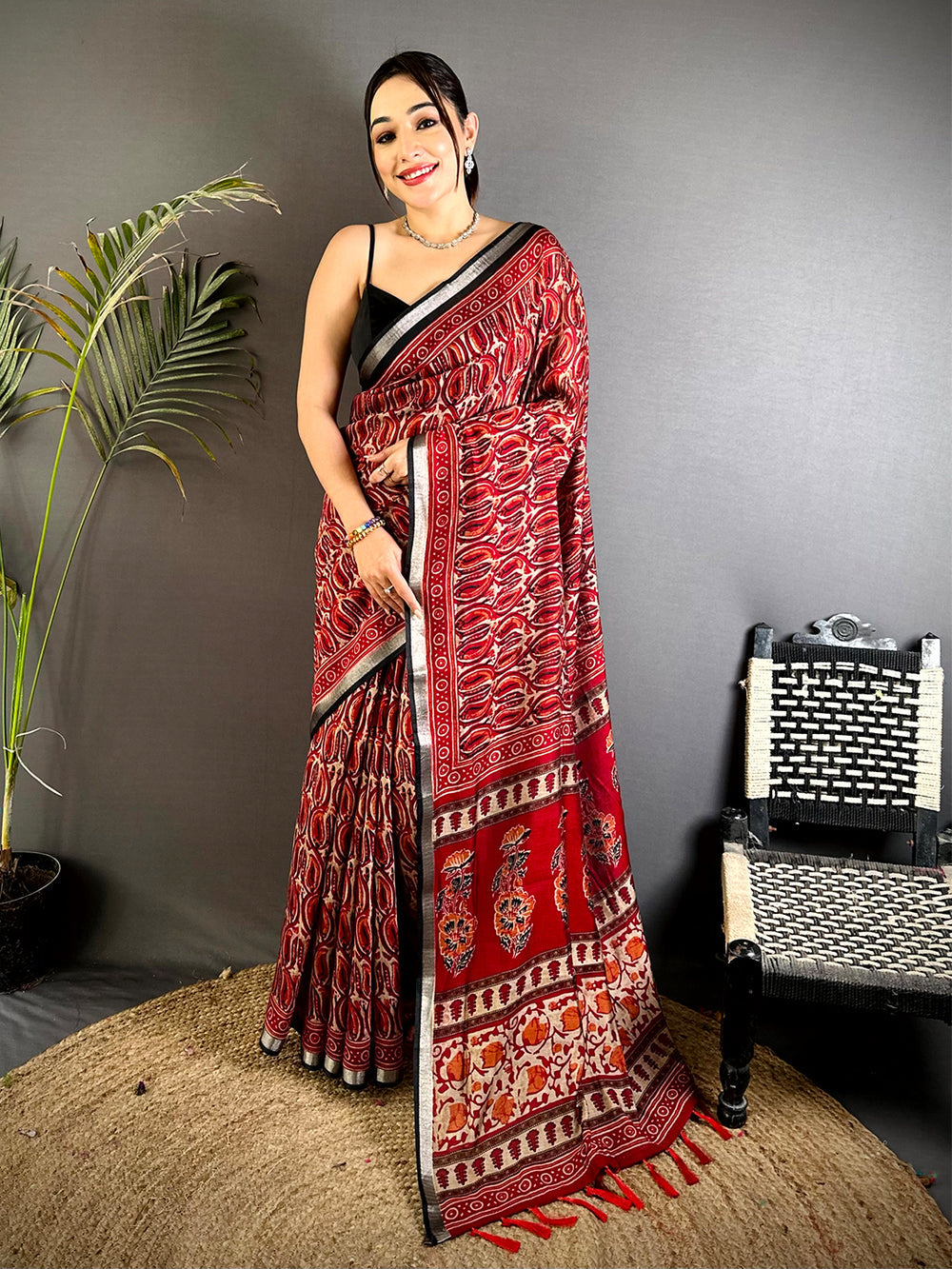 Red Traditional Ajrakh Print Soft Silk Saree with Black Border