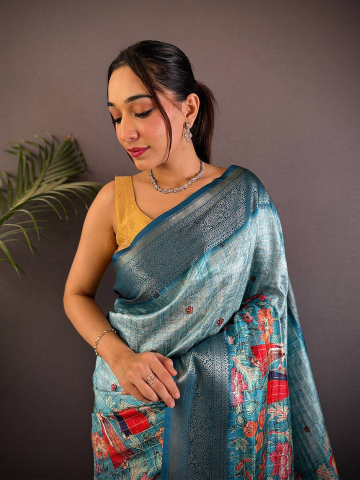 Teal Blue Soft Silk Saree with Floral Digital Print & Rich Zari Weaving