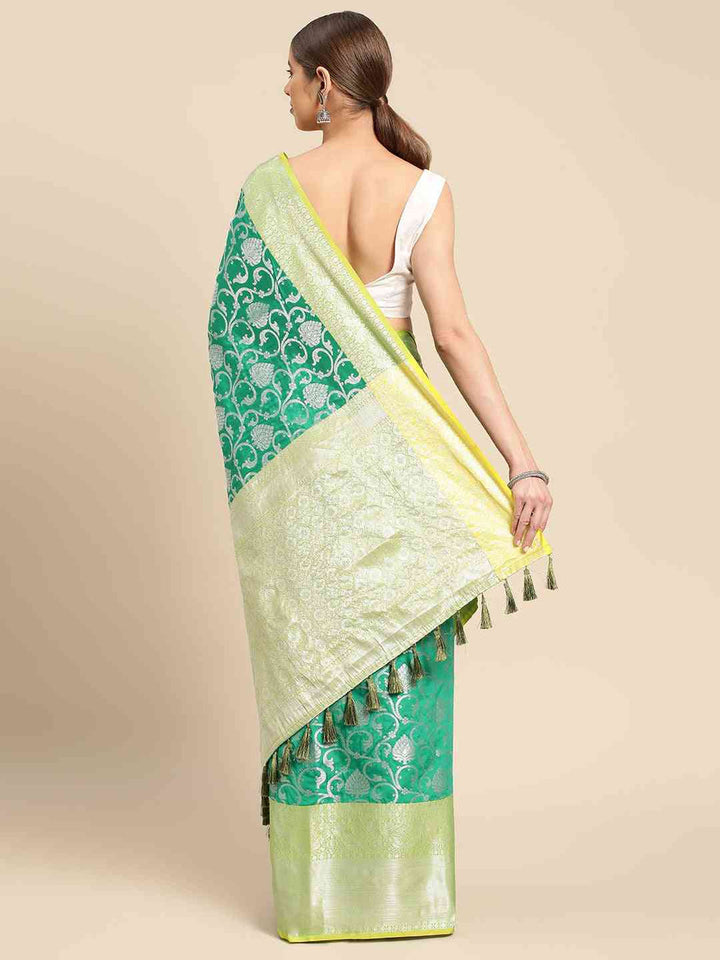 Dual Tone Green Banarasi Silk Saree with Gold Zari Weaving & Contrast Pallu