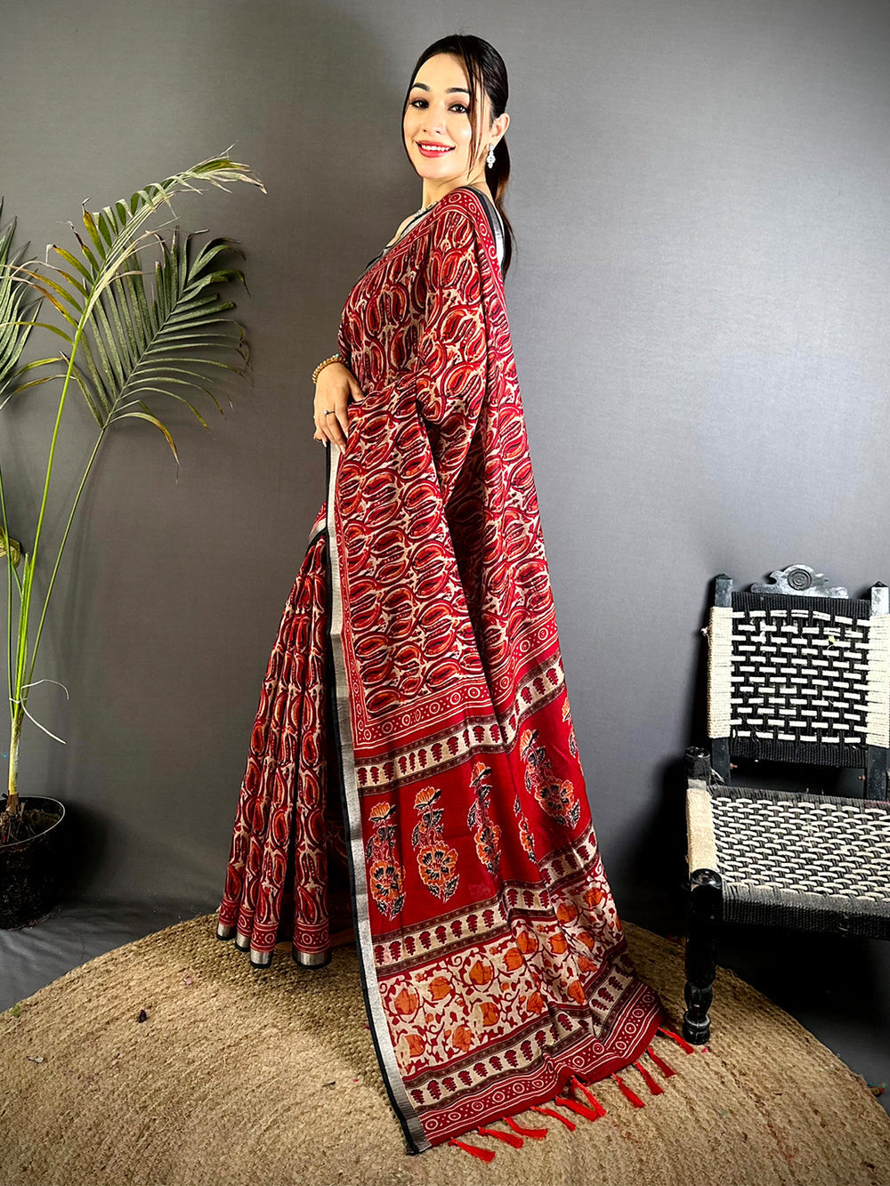 Red Traditional Ajrakh Print Soft Silk Saree with Black Border