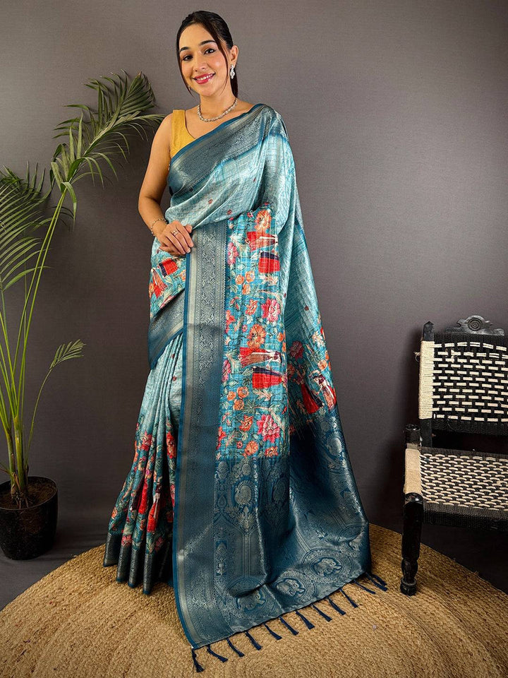 Teal Blue Soft Silk Saree with Floral Digital Print & Rich Zari Weaving