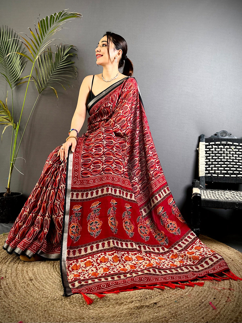 Red Traditional Ajrakh Print Soft Silk Saree with Black Border