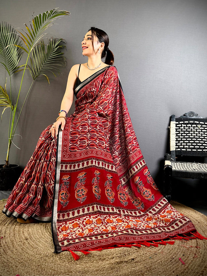 Red Traditional Ajrakh Print Soft Silk Saree with Black Border