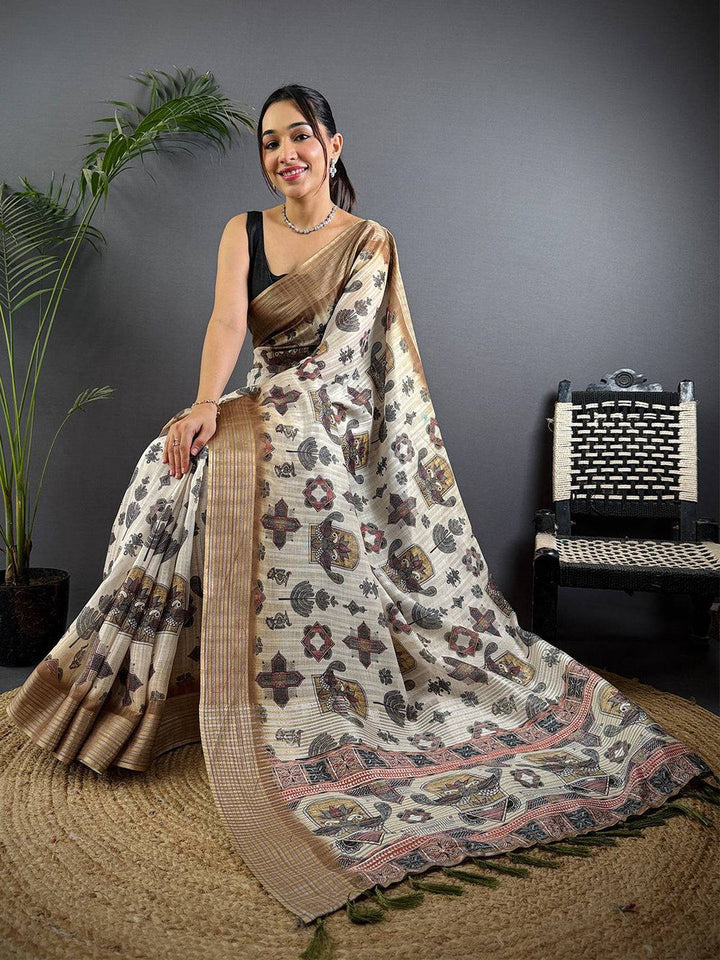 Beige Soft Silk Saree with Traditional Kalamkari Digital Print & Coffee Brown Zari Border