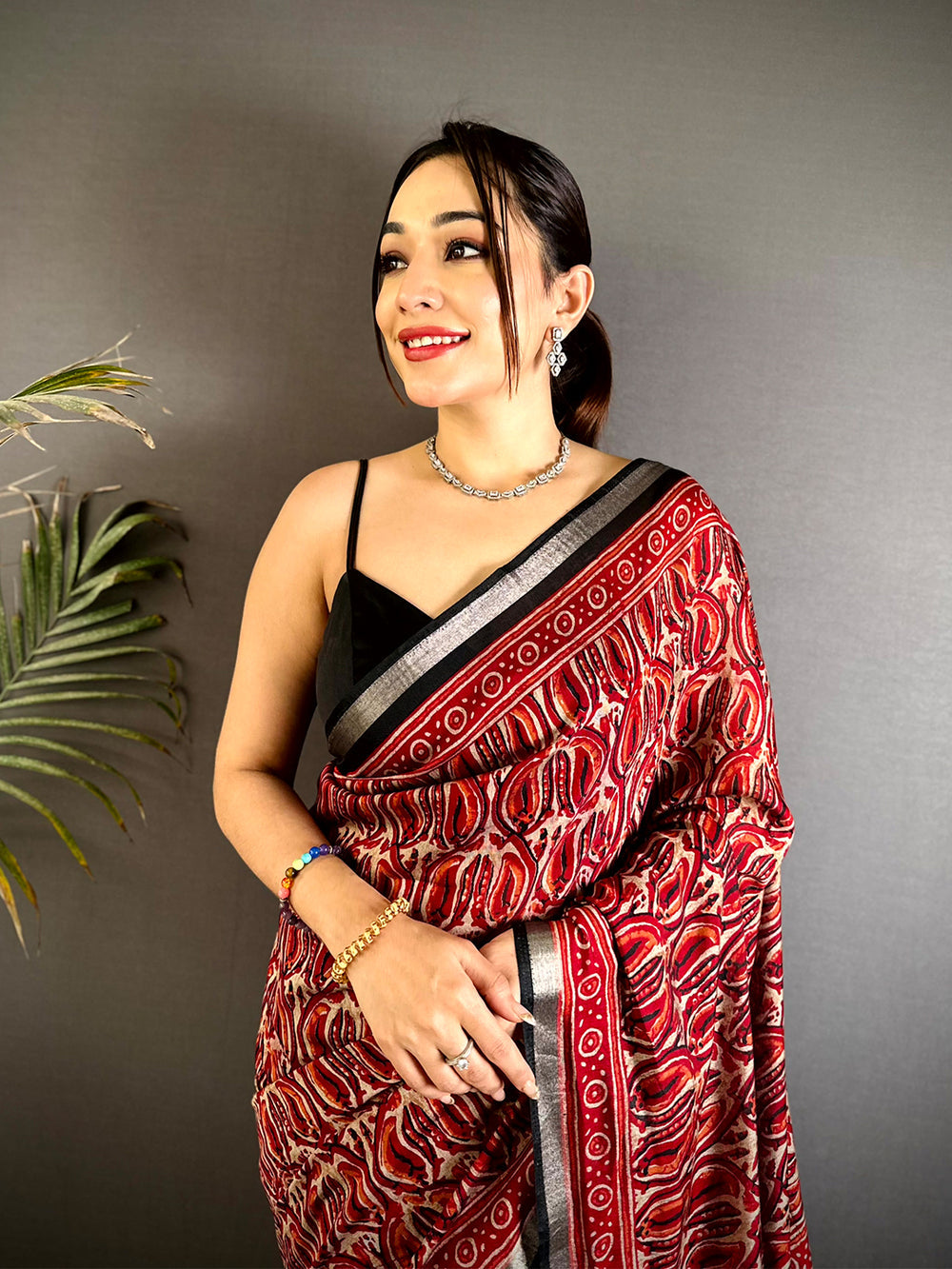 Red Traditional Ajrakh Print Soft Silk Saree with Black Border