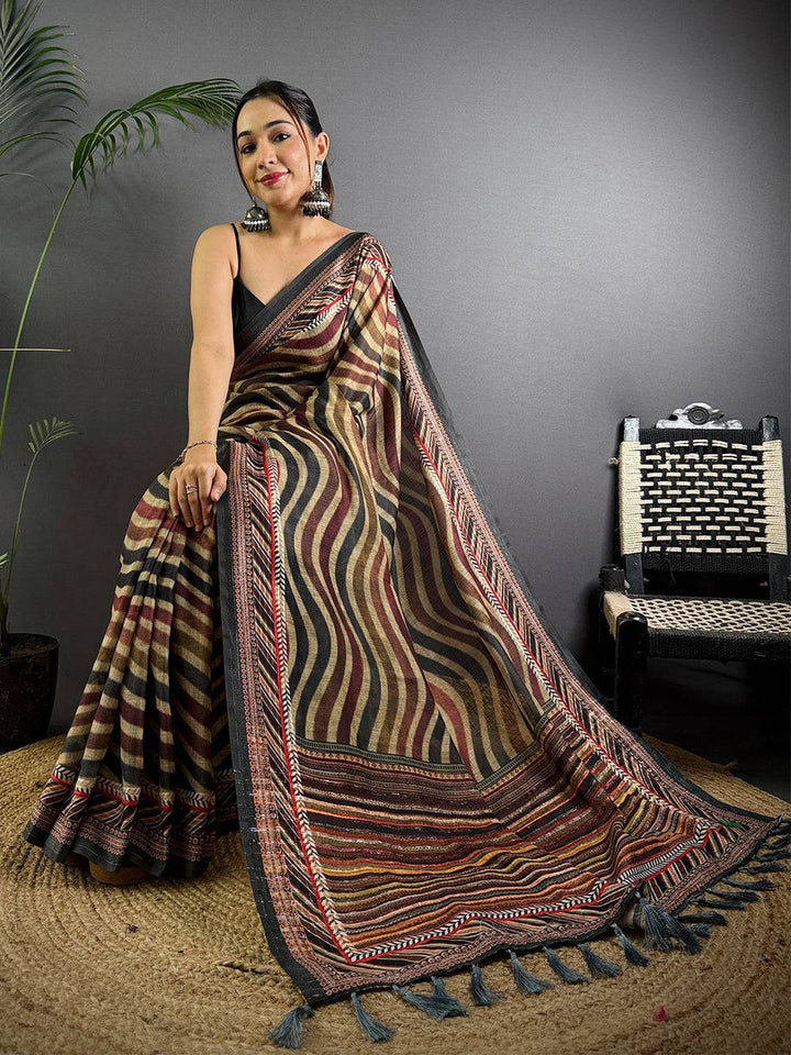 Multicolor Soft Silk Saree with Abstract Striped Print & Black Woven Border
