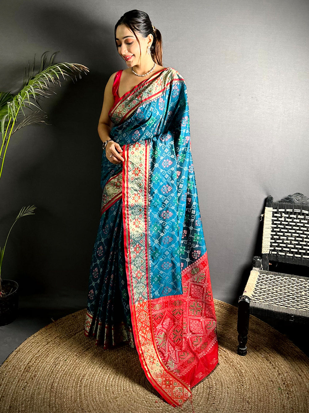 Teal & Red Patola Design Soft Silk Saree with Rich Zari Border