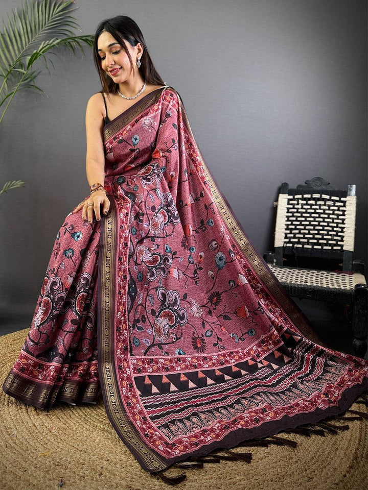 Maroon Soft Silk Saree with Floral & Geometric Digital Print and Contrast Woven Border