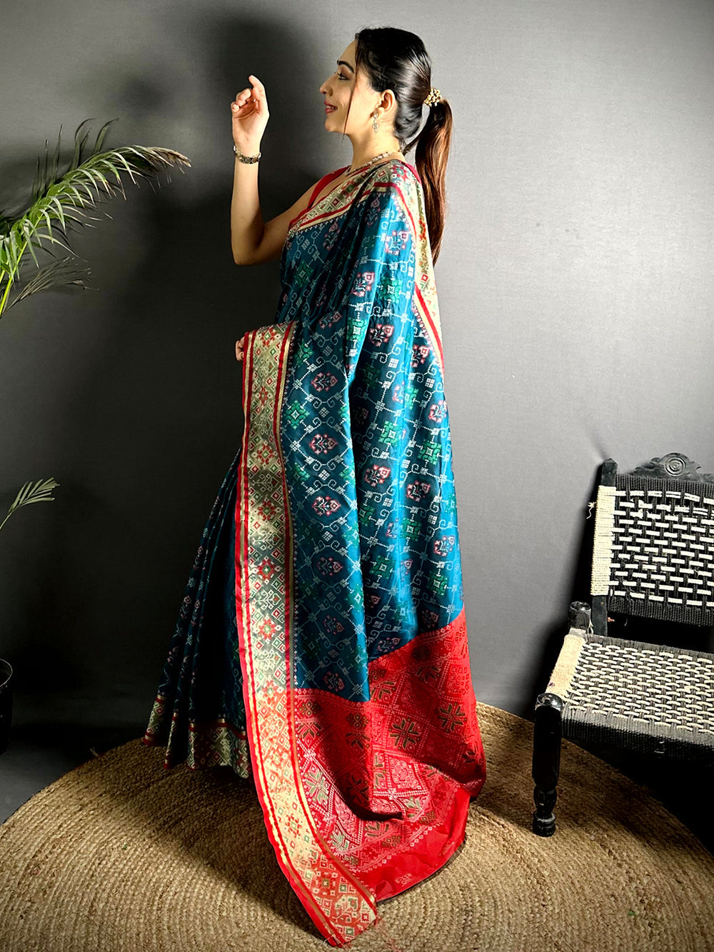 Teal & Red Patola Design Soft Silk Saree with Rich Zari Border