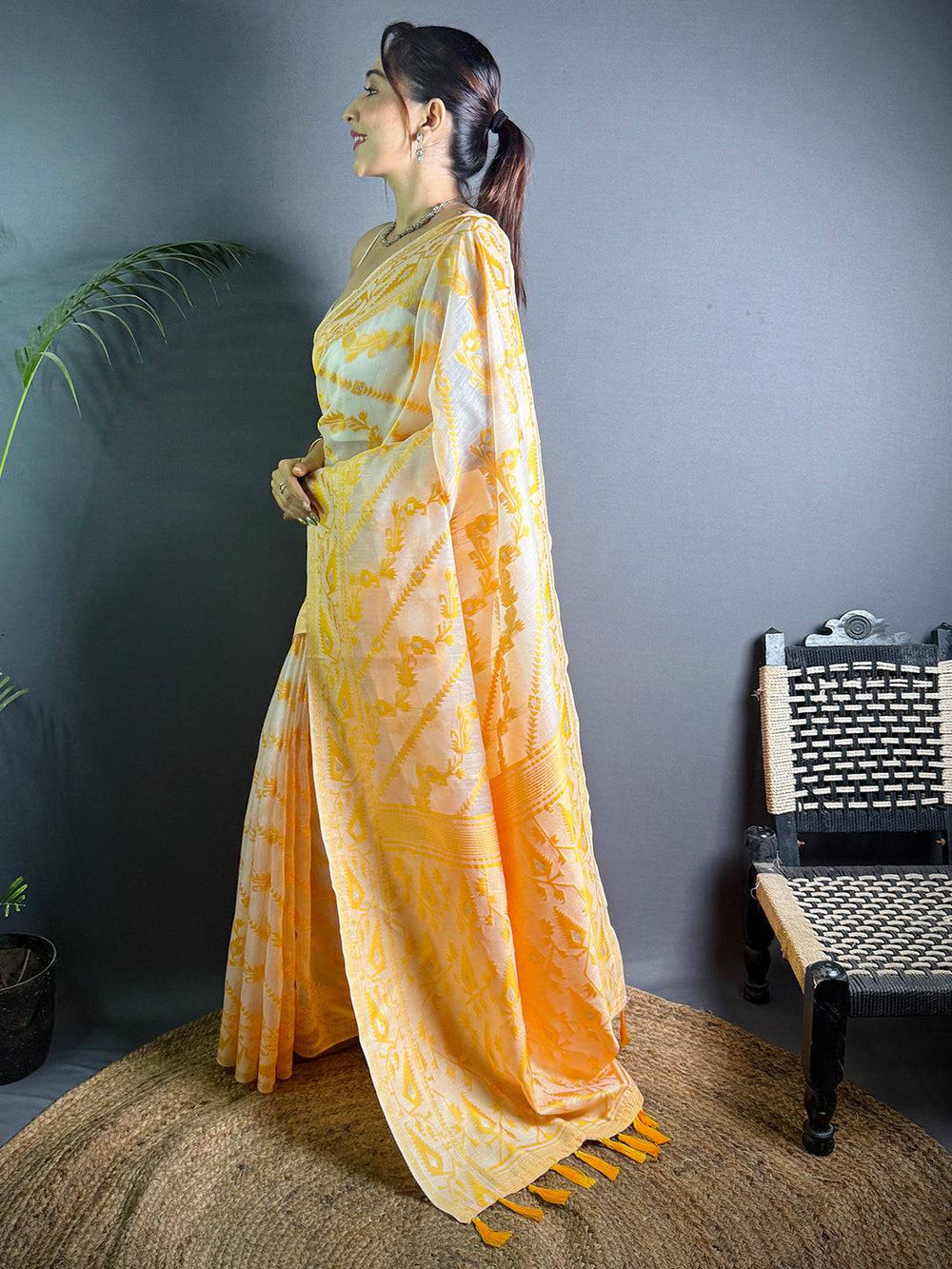 Yellow & White Soft Silk Ikat Saree with Woven Pattern