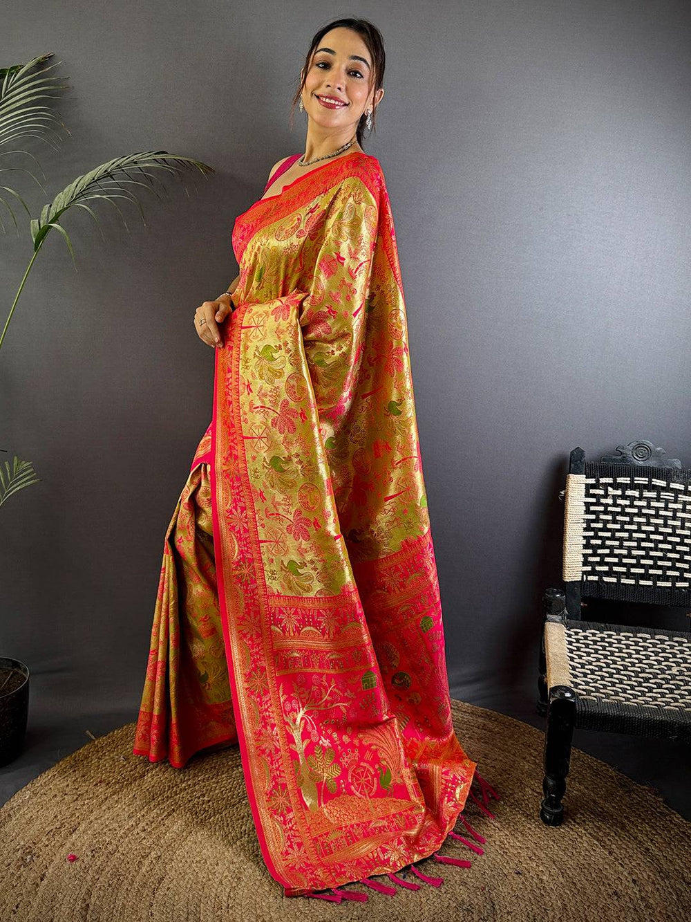 Pink & Gold Banarasi Soft Silk Saree with Rich Zari Weaving