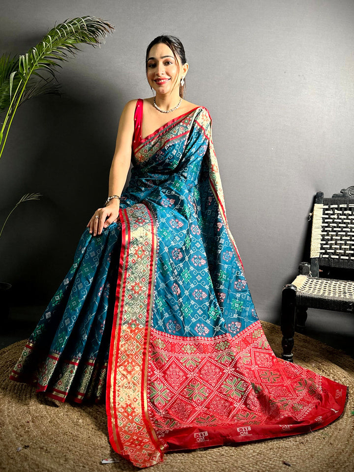 Teal & Red Patola Design Soft Silk Saree with Rich Zari Border