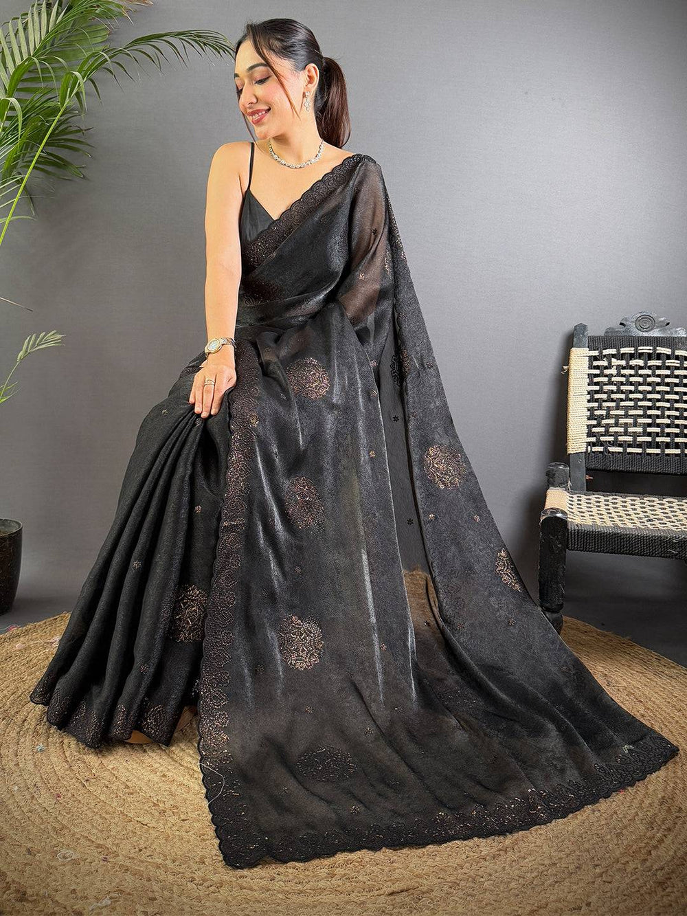 Black Soft Silk Saree with Golden Woven Motifs & Designer Border