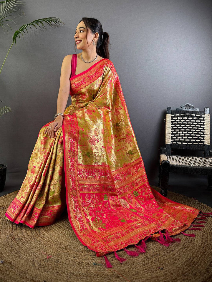 Pink & Gold Banarasi Soft Silk Saree with Rich Zari Weaving