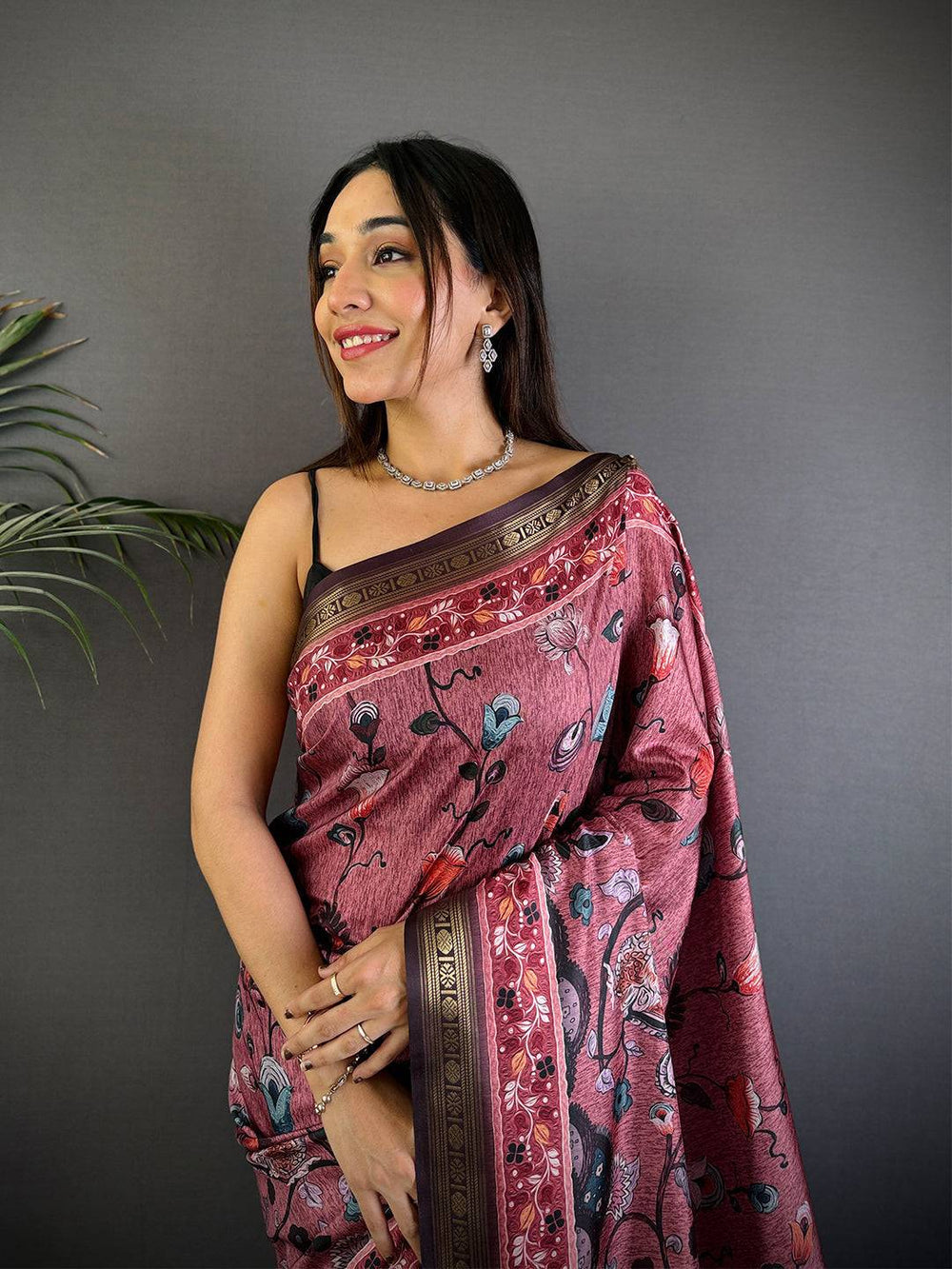Maroon Soft Silk Saree with Floral & Geometric Digital Print and Contrast Woven Border