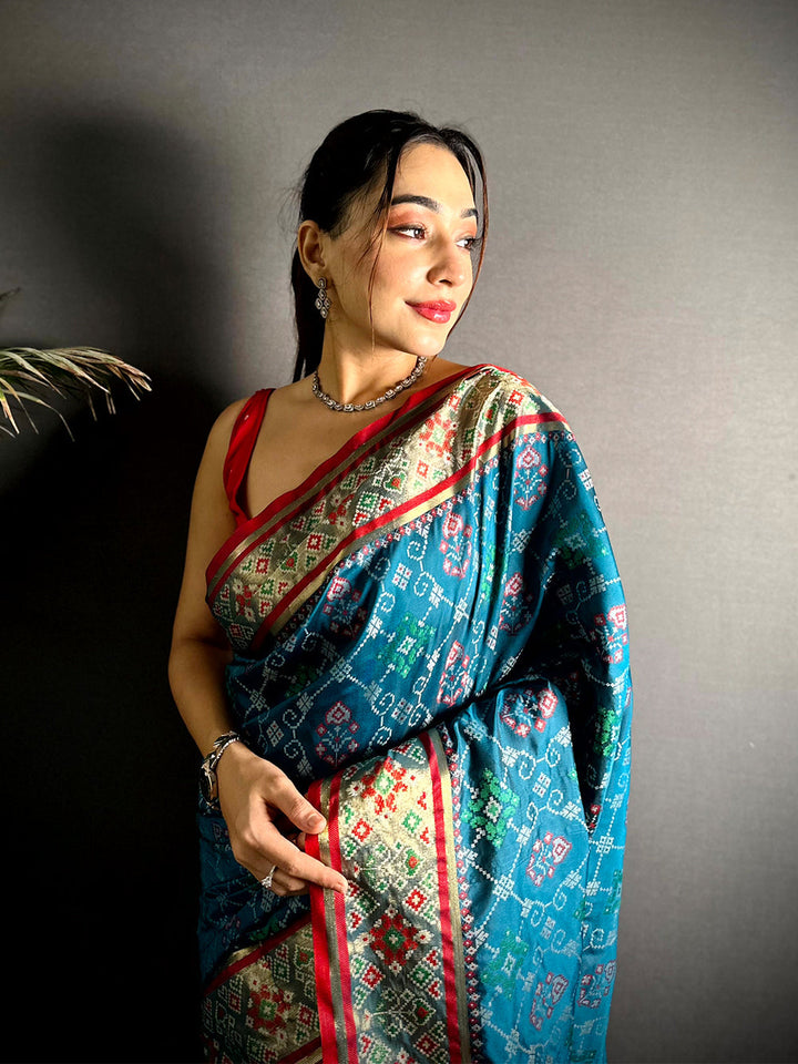 Teal & Red Patola Design Soft Silk Saree with Rich Zari Border