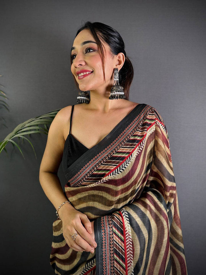 Multicolor Soft Silk Saree with Abstract Striped Print & Black Woven Border