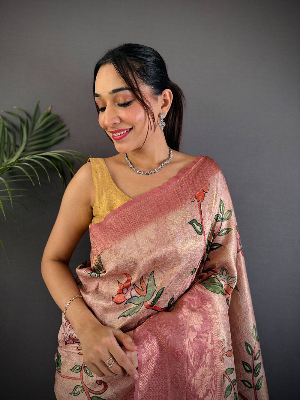 Rose Pink Soft Silk Saree with Floral Digital Print & Zari Weaving Border