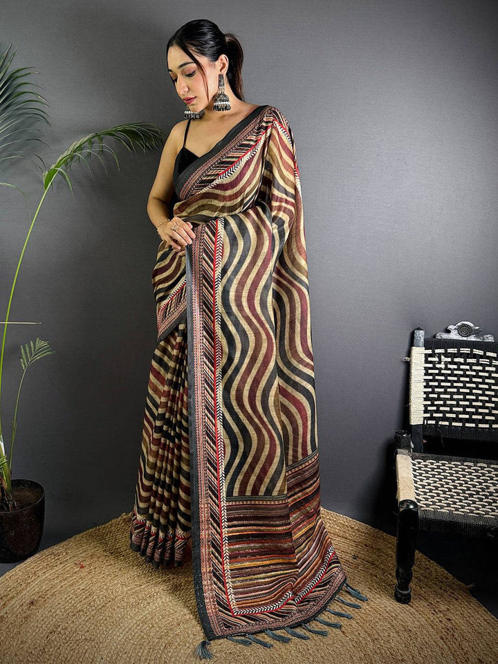 Multicolor Soft Silk Saree with Abstract Striped Print & Black Woven Border