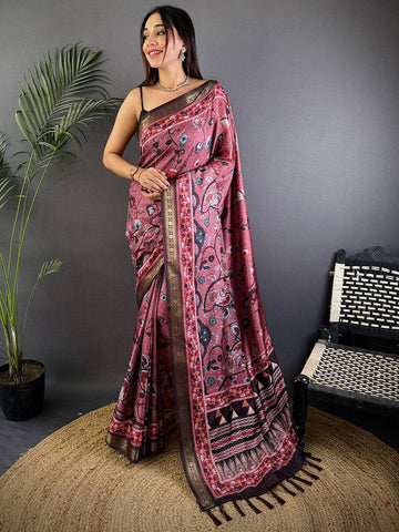 Maroon Soft Silk Saree with Floral & Geometric Digital Print and Contrast Woven Border