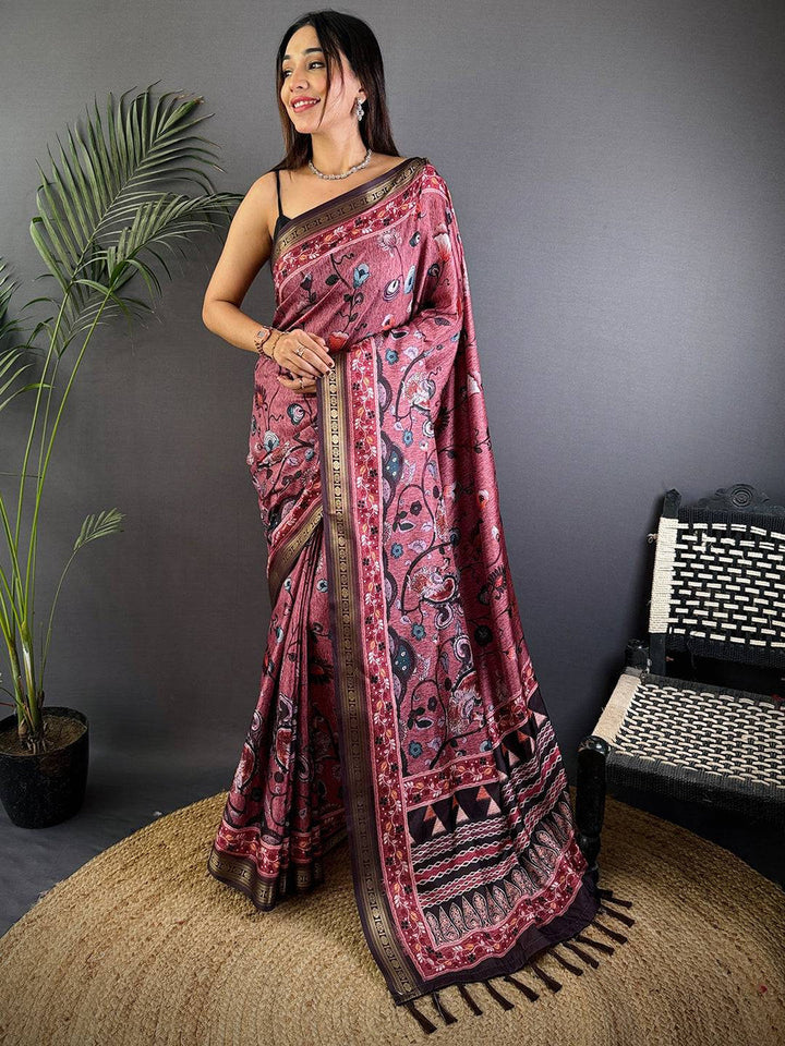 Maroon Soft Silk Saree with Floral & Geometric Digital Print and Contrast Woven Border