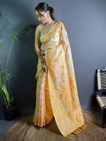 Yellow & White Soft Silk Ikat Saree with Woven Pattern