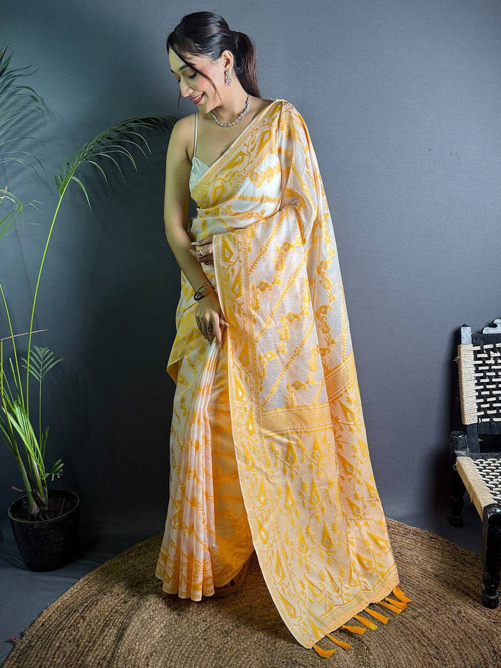 Yellow & White Soft Silk Ikat Saree with Woven Pattern