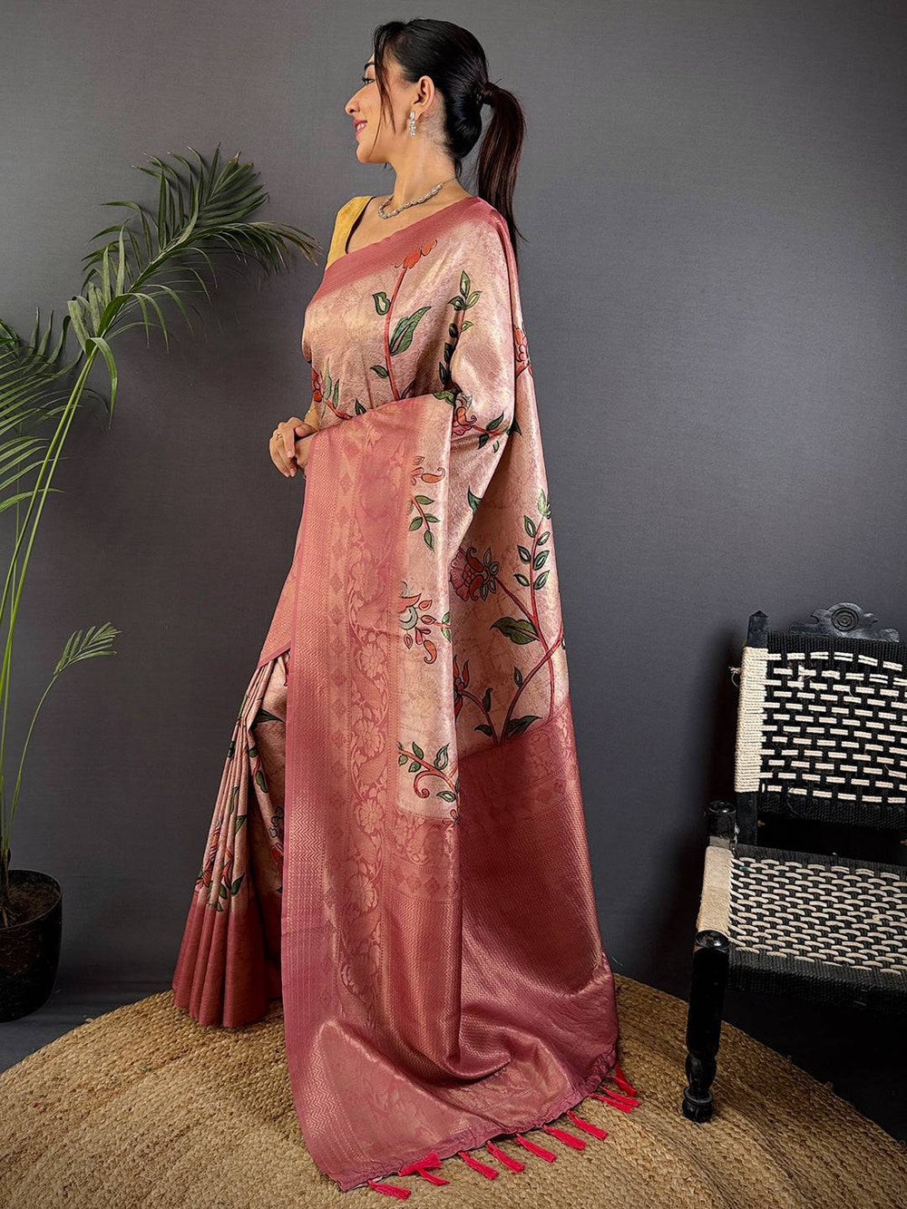 Rose Pink Soft Silk Saree with Floral Digital Print & Zari Weaving Border