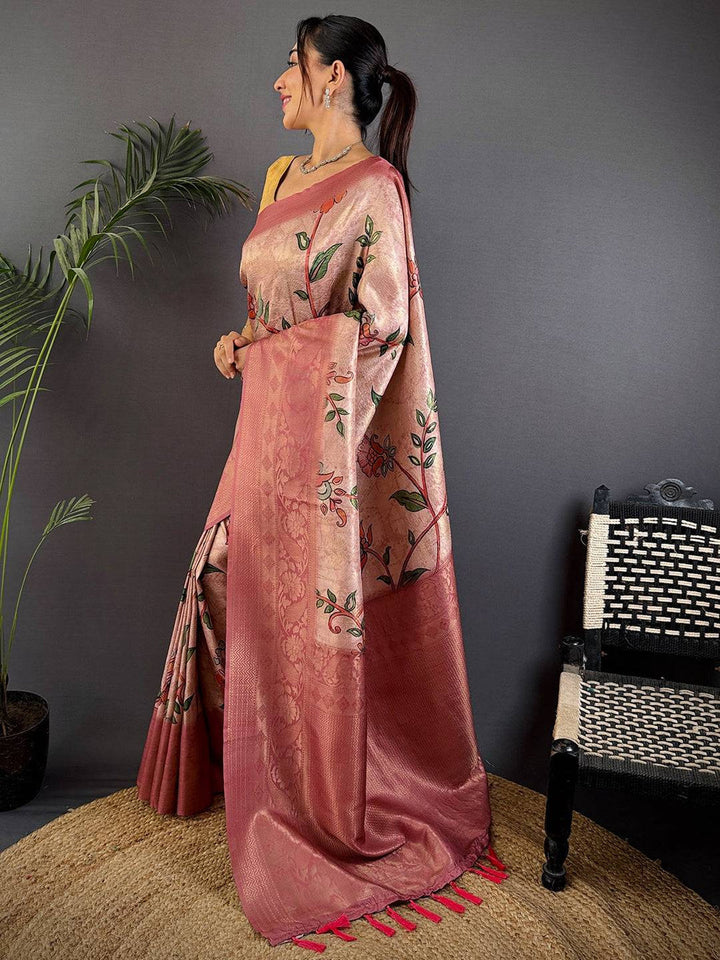Rose Pink Soft Silk Saree with Floral Digital Print & Zari Weaving Border