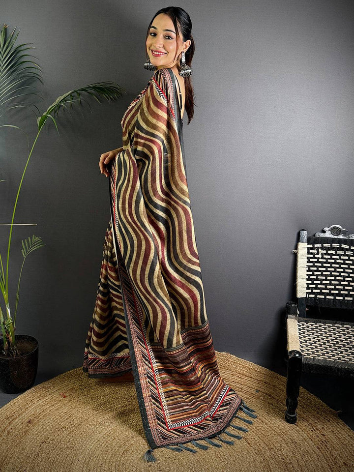 Multicolor Soft Silk Saree with Abstract Striped Print & Black Woven Border