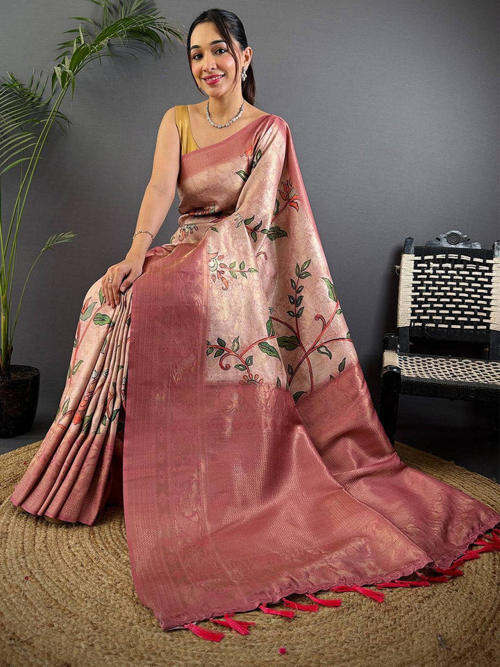 Rose Pink Soft Silk Saree with Floral Digital Print & Zari Weaving Border