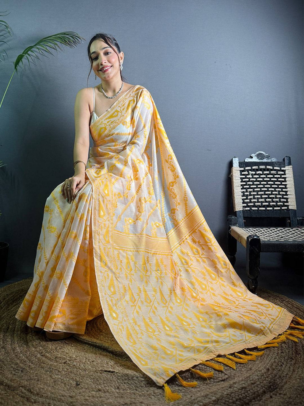 Yellow & White Soft Silk Ikat Saree with Woven Pattern