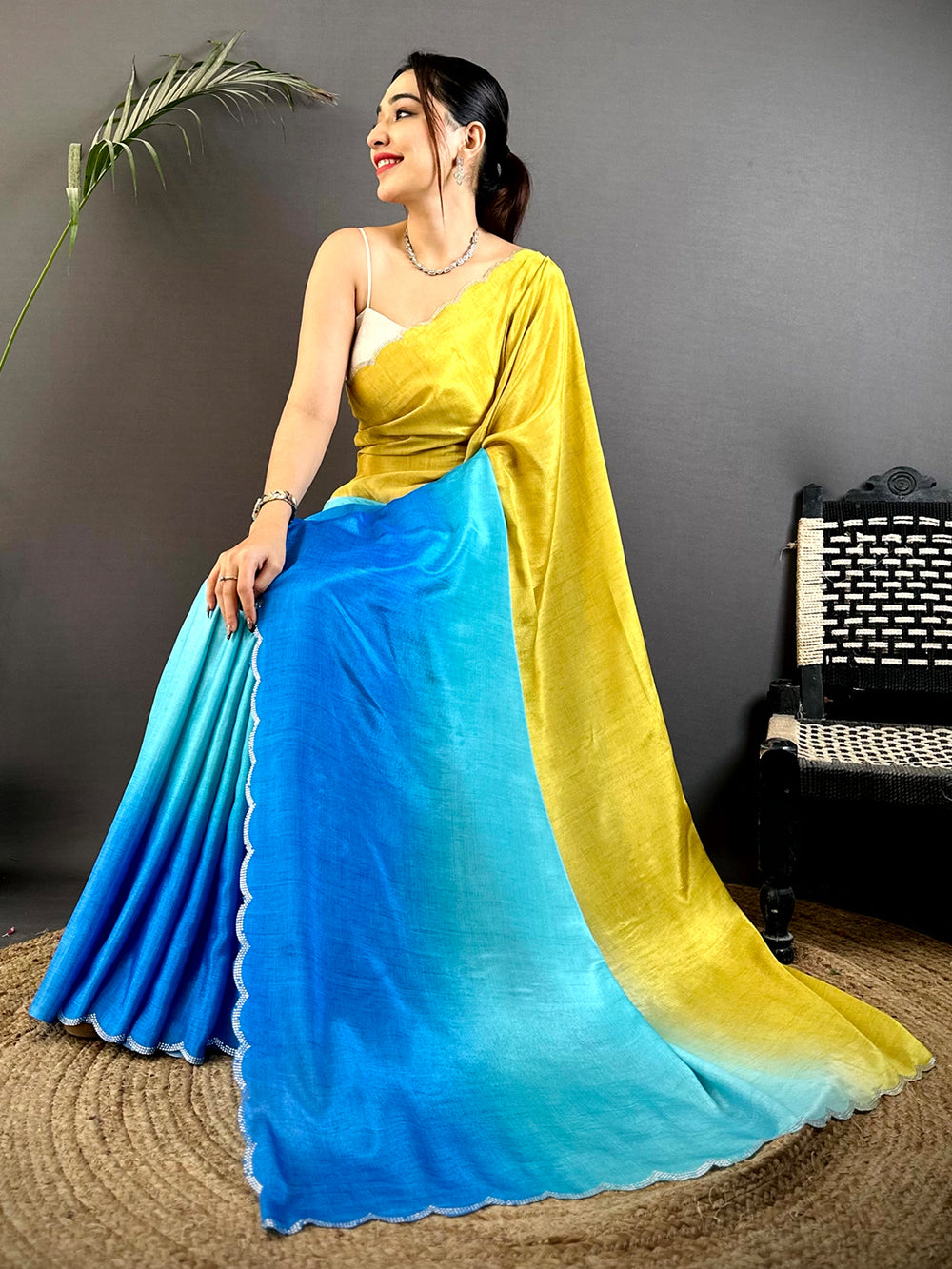 Yellow & Blue Ombre Soft Silk Saree with Scalloped Border