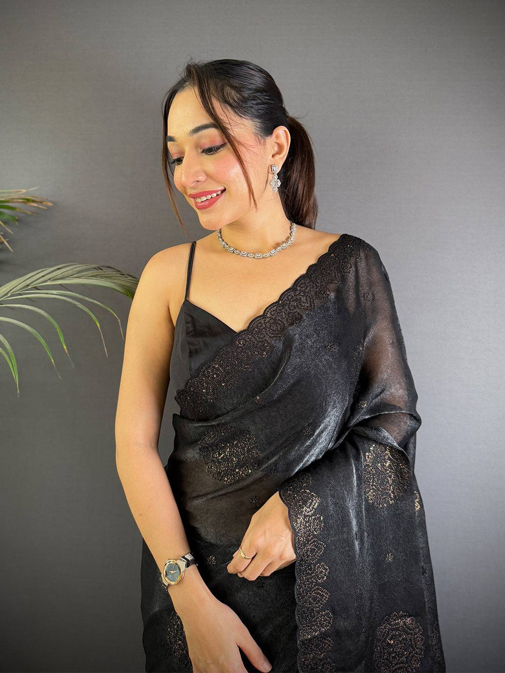 Black Soft Silk Saree with Golden Woven Motifs & Designer Border