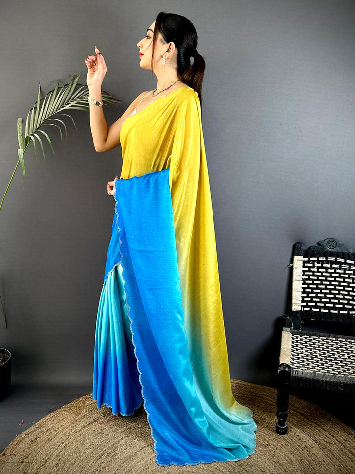 Yellow & Blue Ombre Soft Silk Saree with Scalloped Border