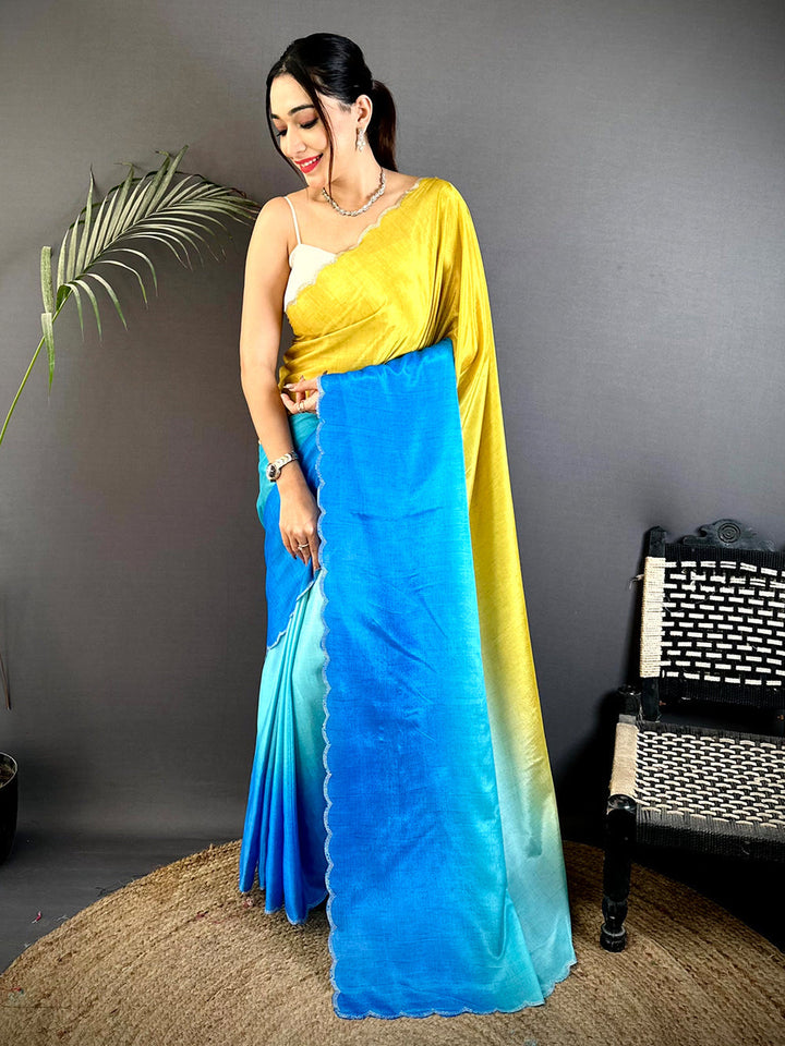 Yellow & Blue Ombre Soft Silk Saree with Scalloped Border