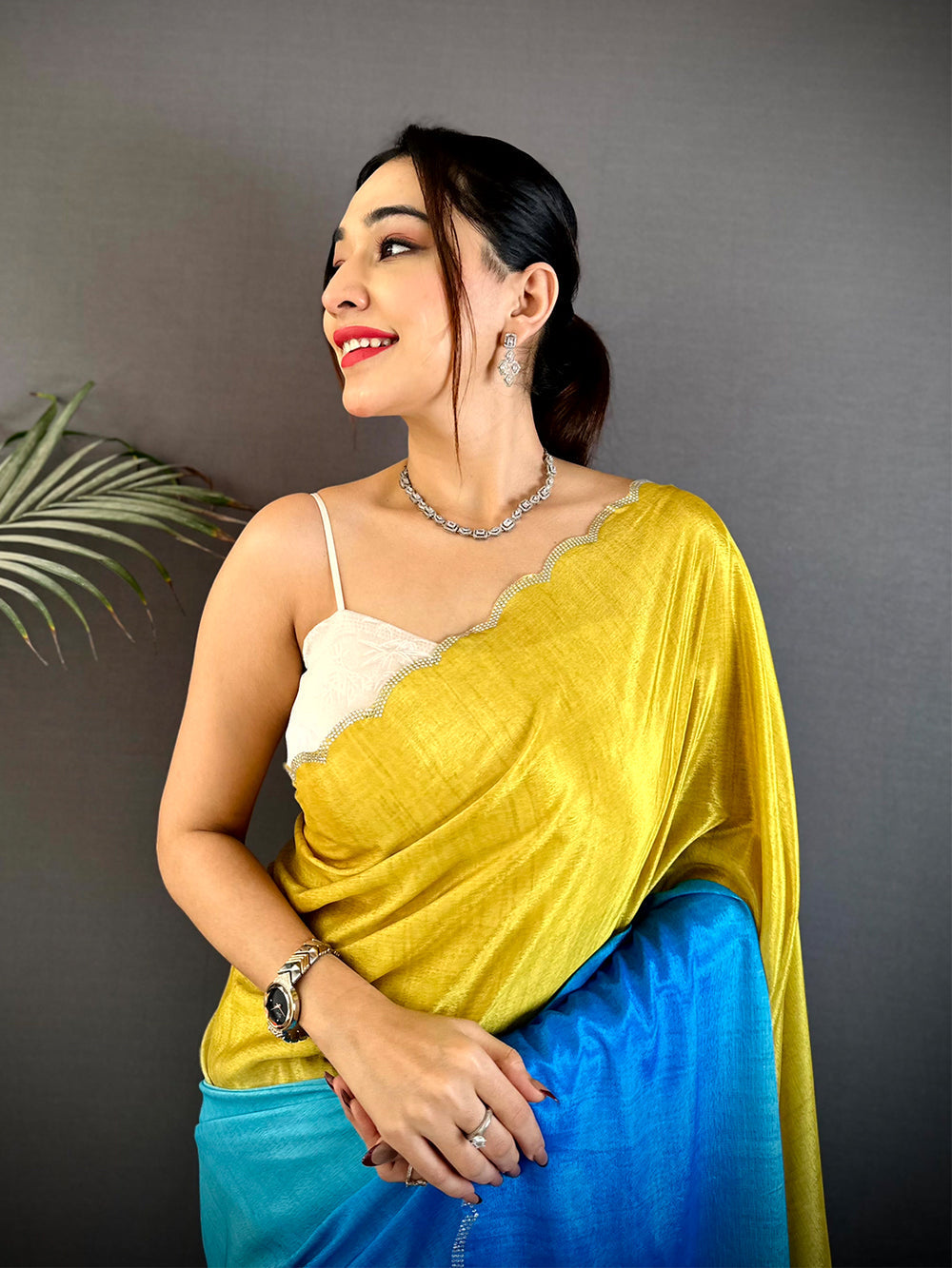 Yellow & Blue Ombre Soft Silk Saree with Scalloped Border