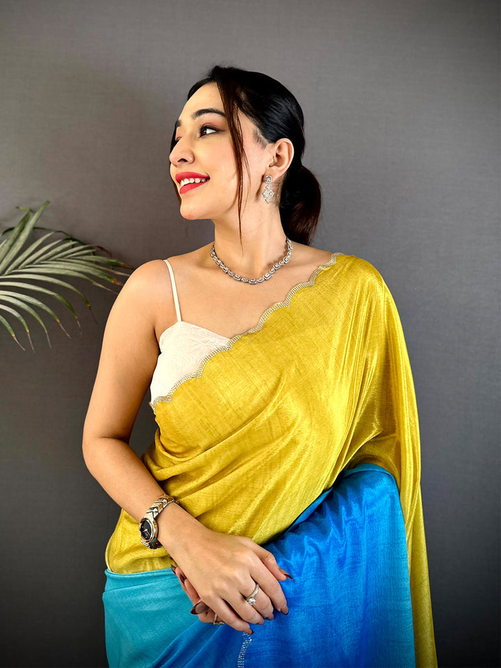 Yellow & Blue Ombre Soft Silk Saree with Scalloped Border