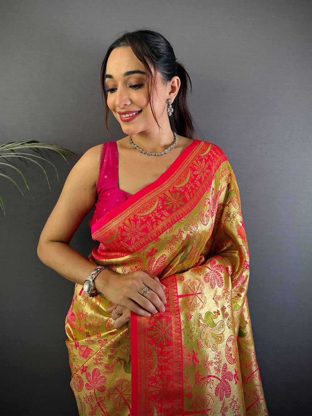 Pink & Gold Banarasi Soft Silk Saree with Rich Zari Weaving