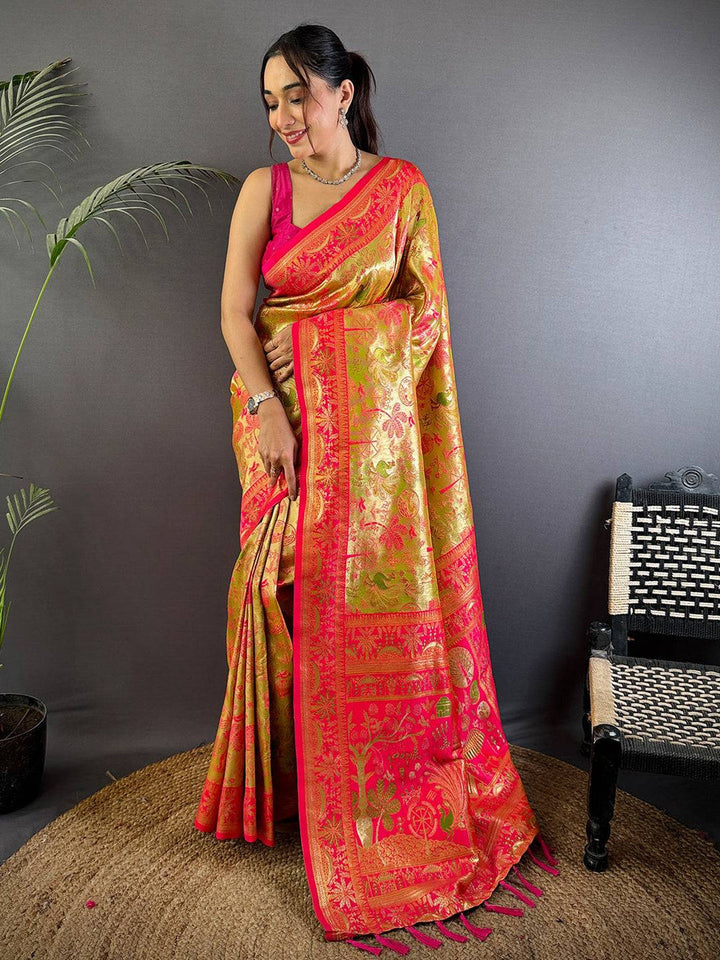 Pink & Gold Banarasi Soft Silk Saree with Rich Zari Weaving