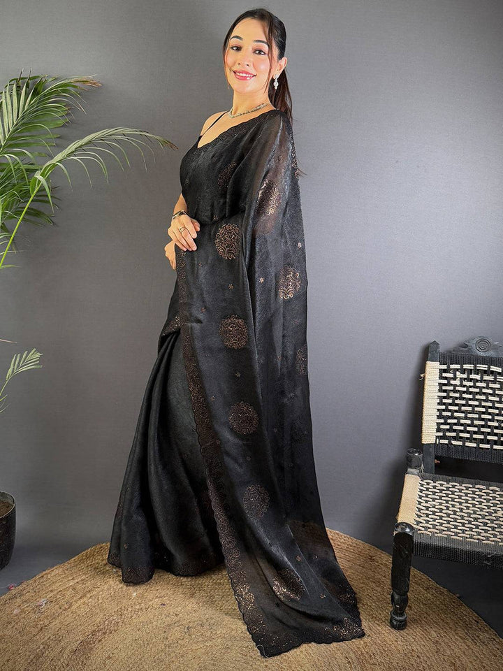Black Soft Silk Saree with Golden Woven Motifs & Designer Border