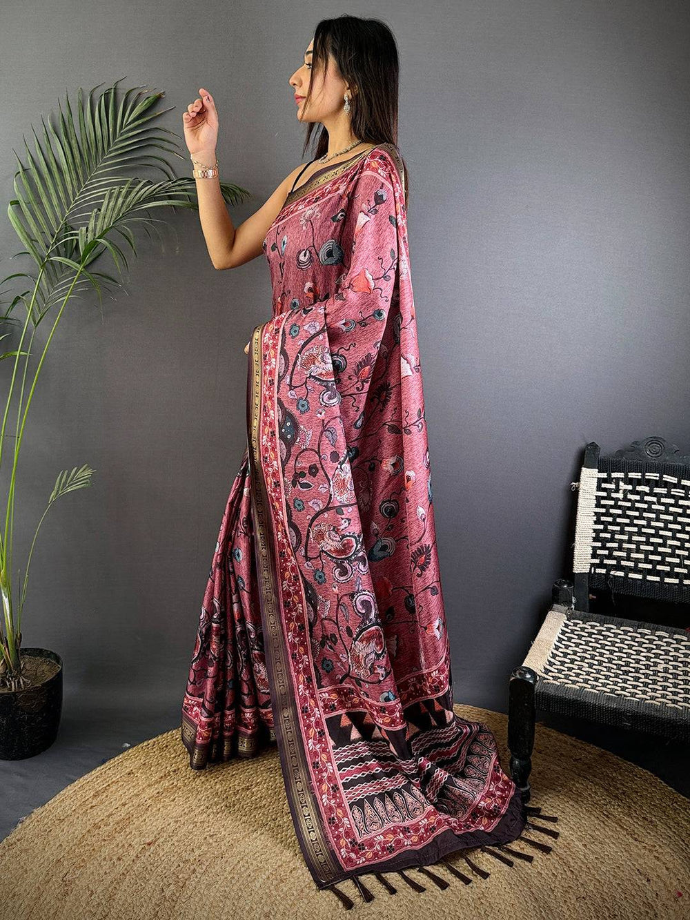 Maroon Soft Silk Saree with Floral & Geometric Digital Print and Contrast Woven Border